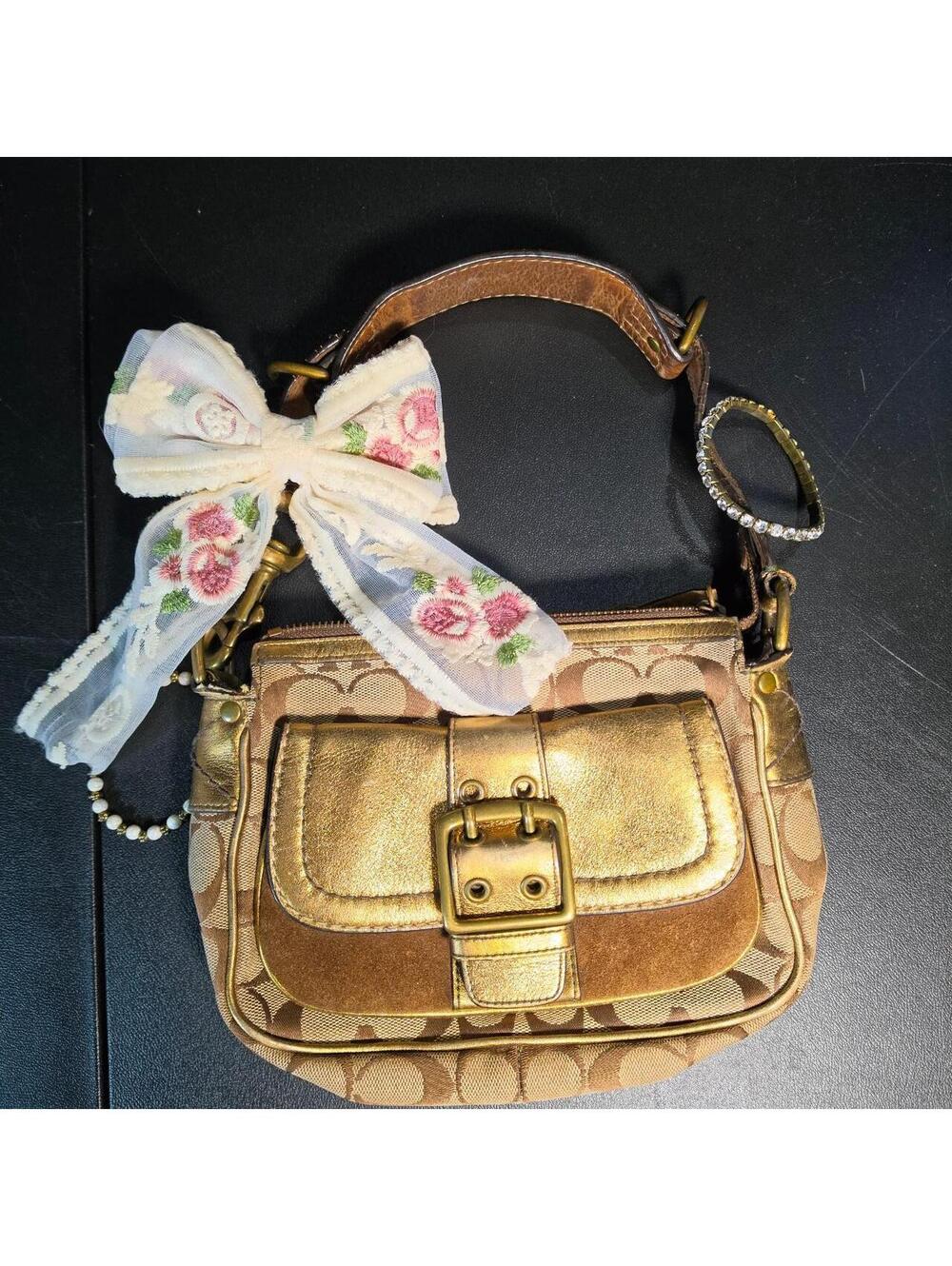 Coach Special Edition Signature Canvas and Gold Leather Small Shoulder Bag